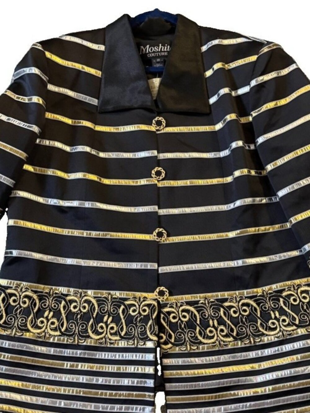 Moshita Couture Womens Black Satin Gold Silver Ornate Jacket Suit Jacket Size 16